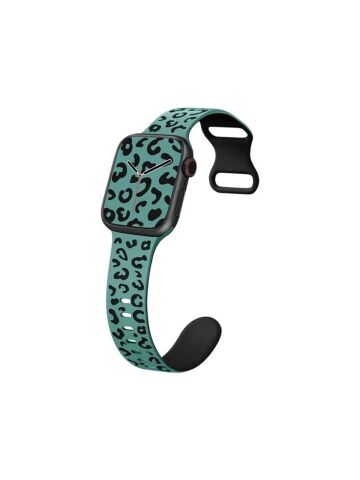 Apple Watch Uyumlu Leopar Desenli Silikon Kordon Yeşil Siyah