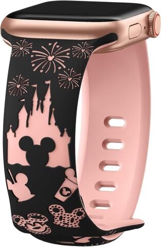 Apple Watch Uyumlu Disneyland Desenli Silikon Kordon Siyah Pembe