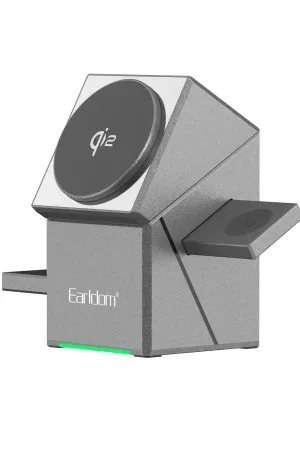 Earldom WC65 3in1 15W Telefon 2.5W Saat ve 5W Airpods İçin Kablosuz Şarj Standı - Gri